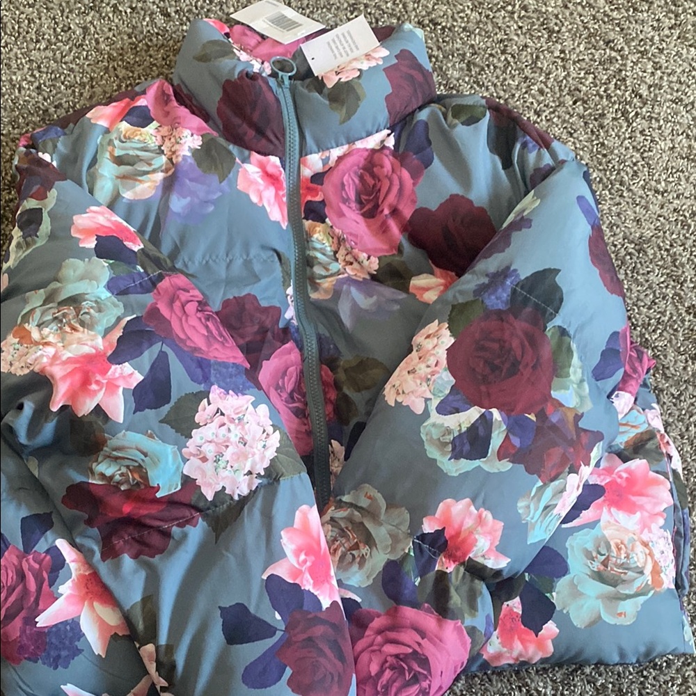 JustFab Blue Floral Puffer Jacket